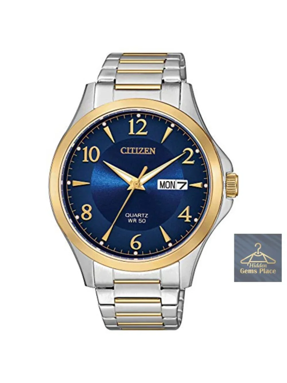 Citizen Quartz Mens Watch Stainless Steel Two-Tone Blue Dial Day Date